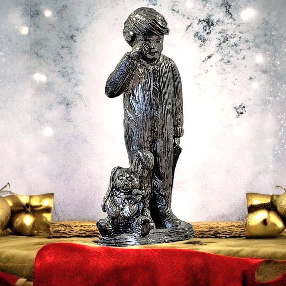 Miniature Solid Pewter Figurine, Boy with Santa List and Bunny, Artisan Made